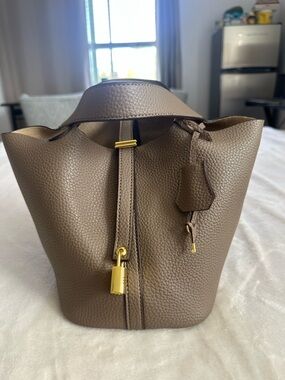 Taupe Pebble Leather Bucket Bag with Gold Hardware